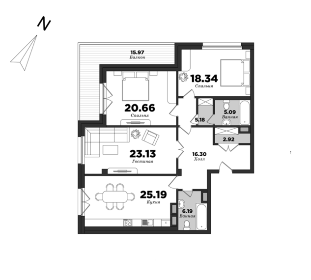 Krestovskiy De Luxe, Building 8, 3 bedrooms, 130.99 m² | planning of elite apartments in St. Petersburg | М16